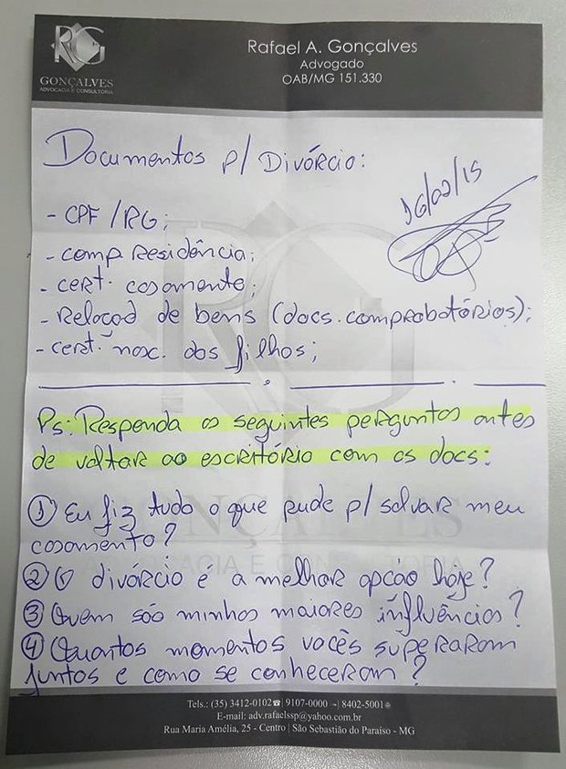 Advogado acrescentou uma série de perguntas que a futura cliente deveria responder sobre o casamento (Foto: Reprodução/Facebook) Advogado acrescentou uma série de perguntas que a futura cliente deveria responder sobre o casamento (Foto: Reprodução/Facebook)