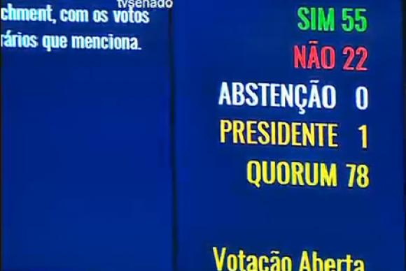 Placar eletrônico do Senado mostra resultado da votação da admissibilidade do processo de impeachment no plenário do Senado (Foto: TV Senado) Placar eletrônico do Senado mostra resultado da votação da admissibilidade do processo de impeachment no plenário do Senado (Foto: TV Senado)