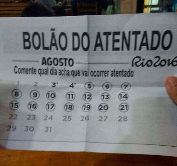 Bolão tenta adivinhar em qual dia vai acontecer um atentado terrorista no Brasil durante a Olimpíada (Foto: Reprodução/Twitter)