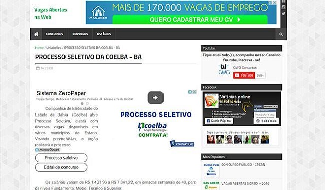 Falso processo seletivo da Coelba anunciado em site fez empresa emitir uma nota (Foto: Reprodução/A tarde)) Falso processo seletivo da Coelba anunciado em site fez empresa emitir uma nota (Foto: Reprodução/A tarde))