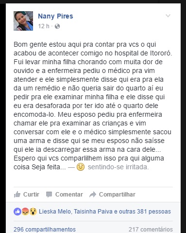Mulher de rapaz ameaçado por médico fez postagem em rede social relatando o caso (Foto: Reprodução/ Facebook) Mulher de rapaz ameaçado por médico fez postagem em rede social relatando o caso (Foto: Reprodução/ Facebook)
