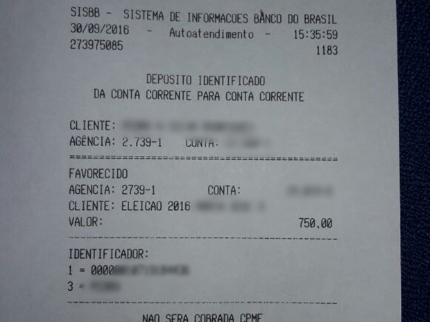 Comprovante do depósito da doação mostra que candidata foi beneficiada com R$ 750 (Foto: Caren Diniz/TV Asa Branca)