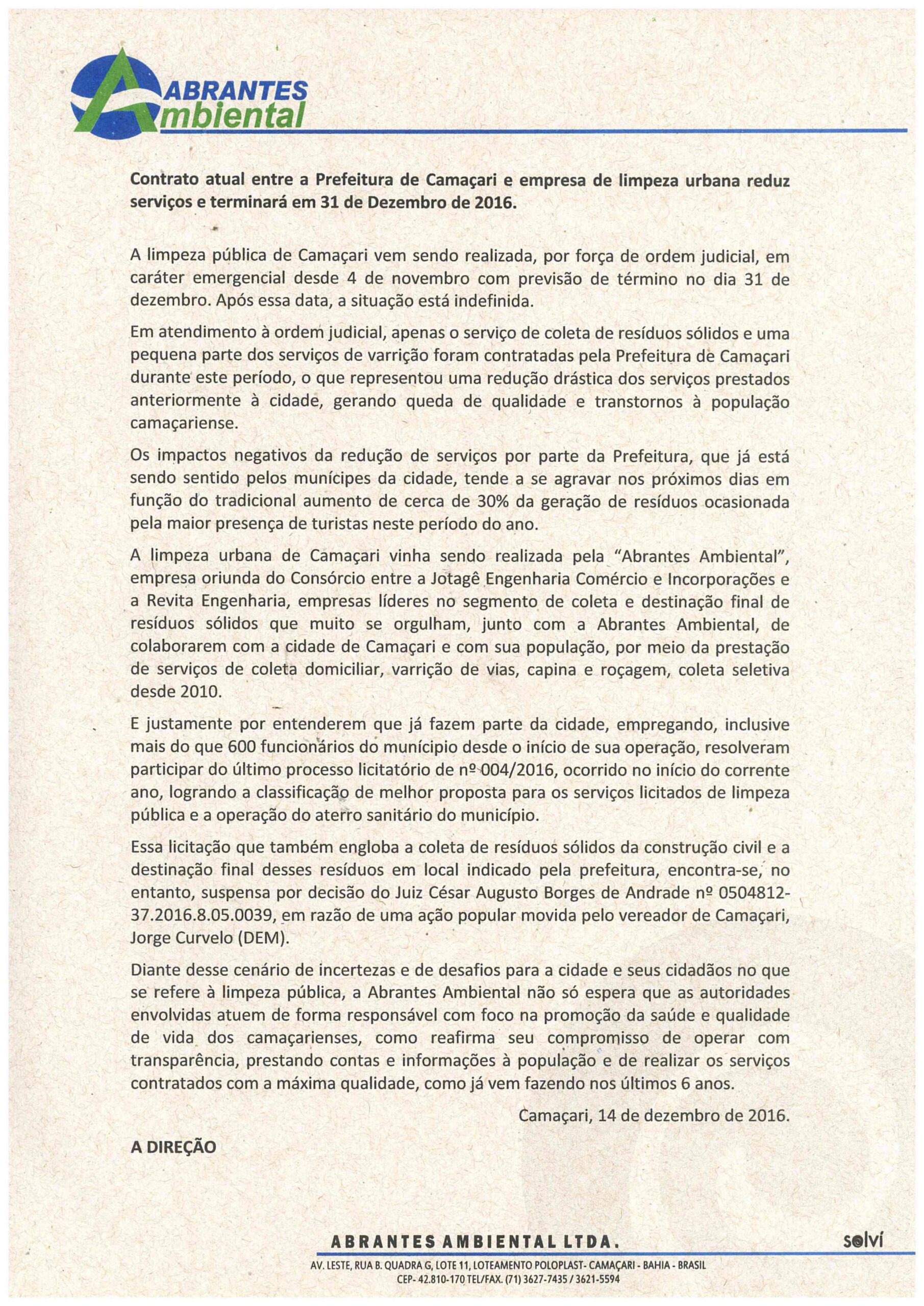 Nota da Abrantes Ambiental 