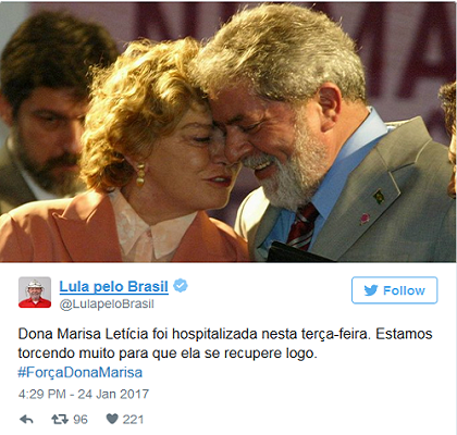 Pelo Twitter, o ex-presidente disse que torce para que ela se recupere logo (Foto: Print)