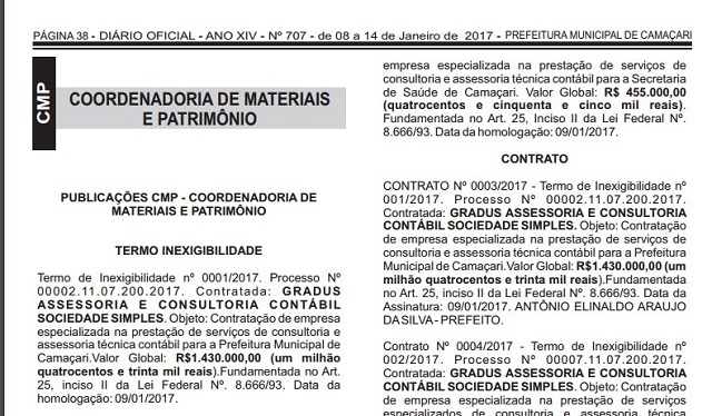 O contrato será dividido entre as Secretarias da Fazenda, Educação e Saúde. A contratação foi publicada no Diário Oficial do Município, Nº 707, Anexo XIV, na página 38. (Foto: Print)