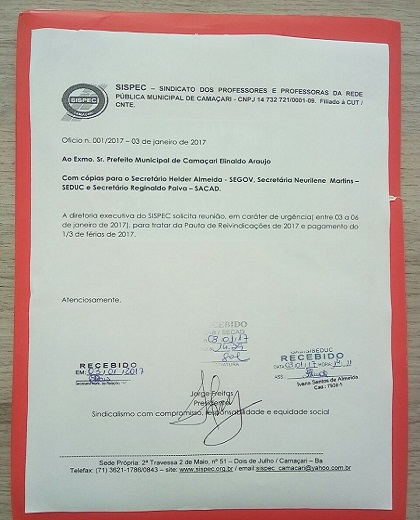 Ofício enviado pela Sispec na terça-feira (03), ao prefeito Elinaldo, com cópia para os titulares da Seduc, Segov e Secad (Foto: Sispec)