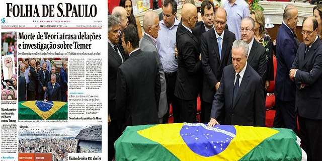 A imagem principal o exibe diante do caixão de Teori Zavascki, sob a manchete 'Morte de Teori atrasa delações e investigação sobre Temer' (Foto: Reprodução | Brasil 247)