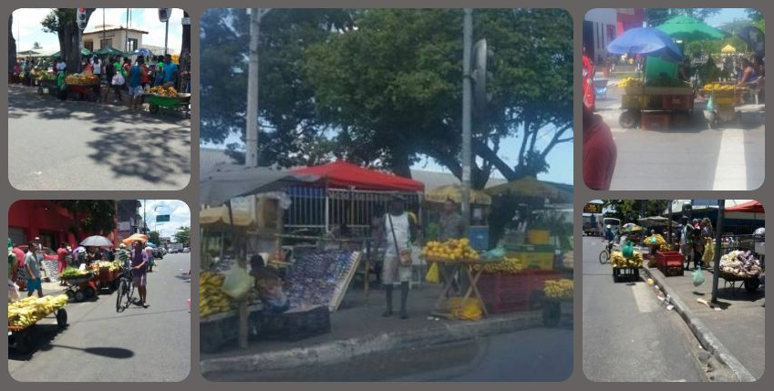 Com seus carrinhos com fruta, verduras e legumes, os ambulantes continuam tomando conta das calçadas e das ruas, atrapalhando pedestres e condutores de veículos