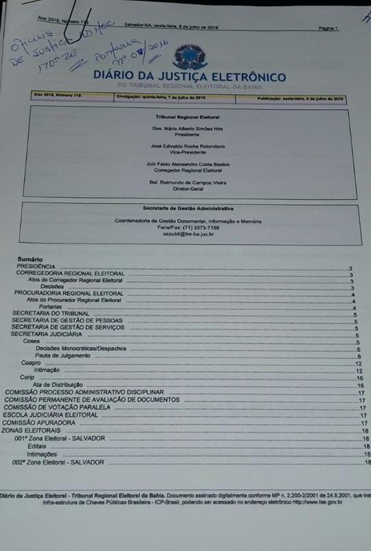 Documento, enviado ao Camaçari Fatos e Fotos, que faz parte do processo impetrado contra a chapa do prefeito Antônio Elinaldo (DEM) e José Tude (PMDB)