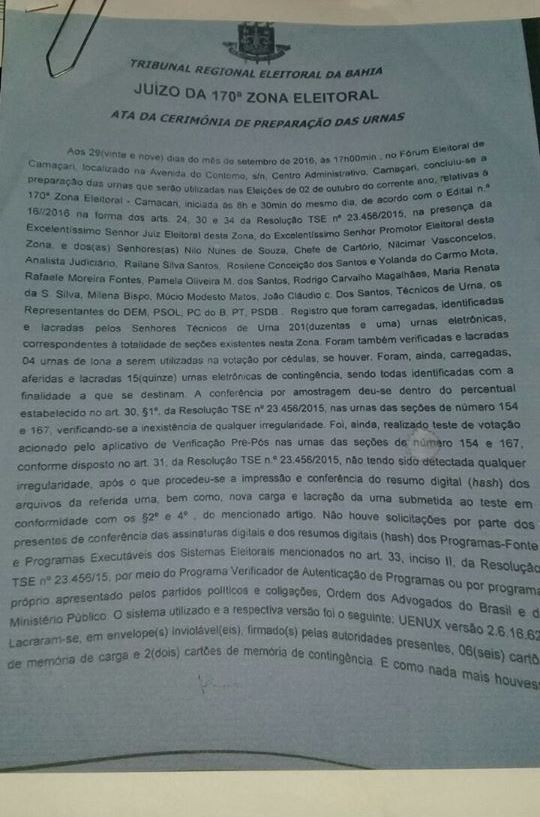 Documento, enviado ao Camaçari Fatos e Fotos, que faz parte do processo impetrado contra a chapa do prefeito Antônio Elinaldo (DEM) e José Tude (PMDB)