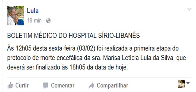 Lula postou o boletim médico do hospital (Foto: Reprodução | Redes Sociais) 