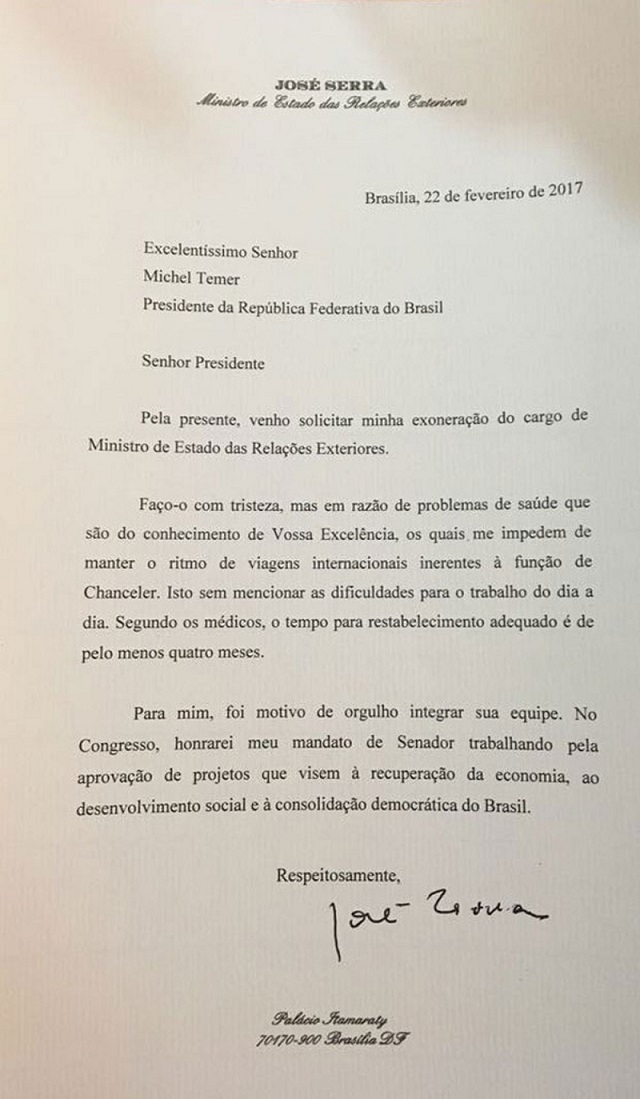 Carta de demissão do ministro José Serra (Foto: Reprodução) 