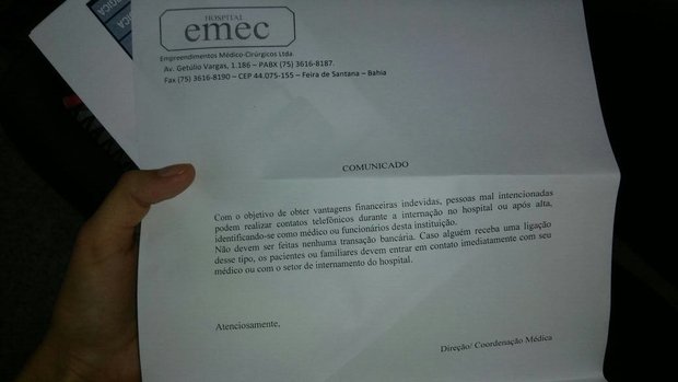 Hospital Emec, de Feira de Santana, alerta pacientes em comunicado
