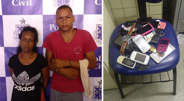 Leidiana e Leandro foram presos enquanto roubavam celulares e objetos em ônibus (Foto: Divulgação/SSP) Leidiana e Leandro foram presos enquanto roubavam celulares e objetos em ônibus (Foto: Divulgação/SSP)