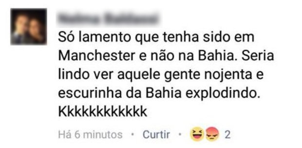 Comentário feito após homem-bomba matar 22 pessoas na Inglaterra causou revolta de internautas, que denunciaram perfil (Foto: Reprodução/Facebook) Comentário feito após homem-bomba matar 22 pessoas na Inglaterra causou revolta de internautas, que denunciaram perfil (Foto: Reprodução/Facebook)
