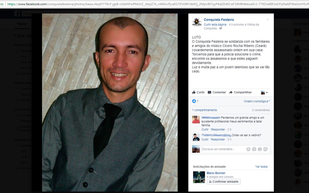 Músico era conhecido na região e foi morto dentro de casa (Foto: Reprodução/Facebook) Músico era conhecido na região e foi morto dentro de casa (Foto: Reprodução/Facebook)