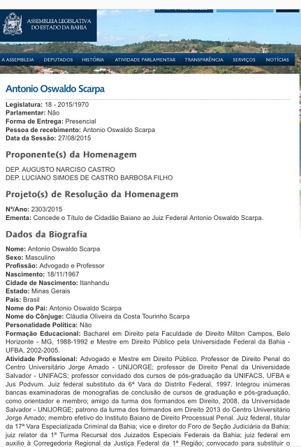 Comprovante do Título de Cidadão Baiano concedido ao juiz federal Antonio Oswaldo Scarpa, por intermédio dos deputados Augusto Castro (PSDB) e Luciano Simões Filho (PMDB).