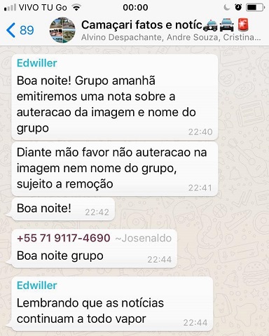 Responsável do grupo comunicando a alteração do nome