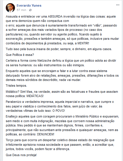 Desabafo foi feito em uma rede social do promotor
