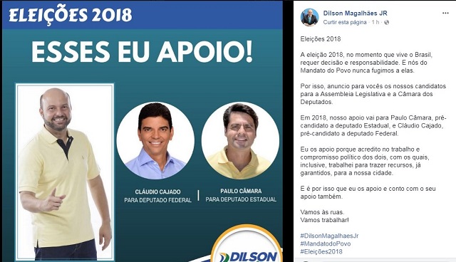 Dilson Magalhães anuncia na sua publicação, que vestirá as camisas de Paulo Câmara (PSDB) e de Claudio Cajado (Foto: Reprodução)