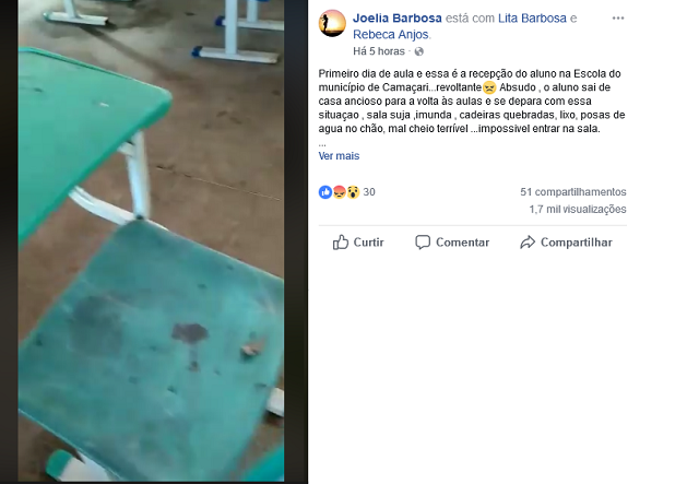Mãe de aluno indignada com o estado das salas de aula (Foto: Print | Arquivo Pessoal)