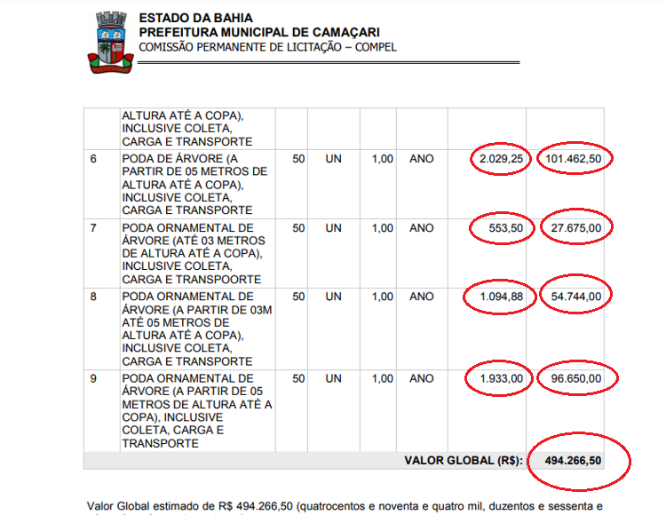 A prefeitura não explica porque cancelou um contrato com poda a R$ 273, vigente por ainda mais três anos, para lançar uma licitação com poda de árvore do mesmo porte a R$ 2.029 (Dois mil e vinte e nove reais) (Foto: Print | Arquivo)