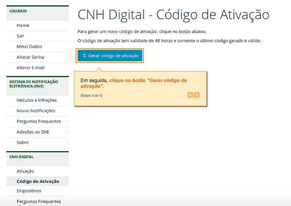 Gere o código de ativação (Foto: Reprodução | Denatran)