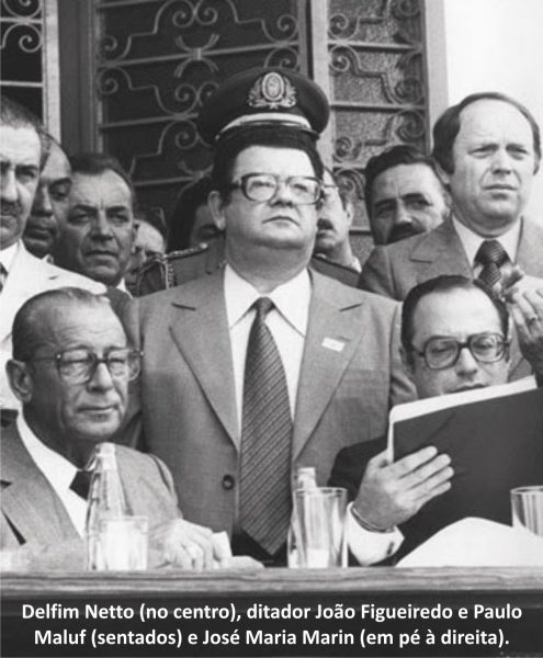 Delfim Neto (centro), ditador João Figueredo e Paulo Maluf, sentados; e José Maria Martin (em pé e à direita)