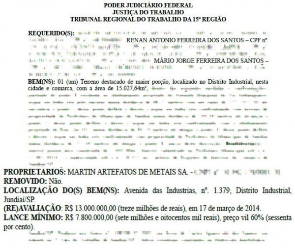 Renan e o pai leiloaram bens da Martin Artefatos, uma das empresas, para pagar dívidas