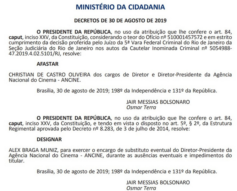 Decreto publicado no 'Diário Oficial' comunica afastamento do diretor da Ancine (Foto: Reprodução | 'Diário Oficial')