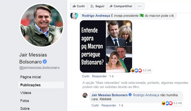 O presidente Jair Bolsonaro respondeu, no sábado (24), a um comentário sobre a primeira-dama da França, Brigitte Macron (Foto: Reprodução | Facebook Jair Bolsonaro)