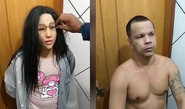 Clauvino da Silva, conhecido como Ronca, estava usando uma máscara, peruca, óculos e roupas femininas, mas não conseguiu enganar agentes penitenciários (Foto: Divulgação Seap)