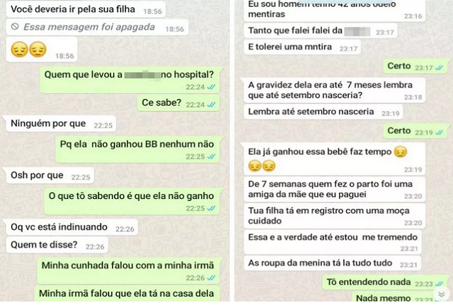 Sogro depois teria assumido por WhatsApp ao genro que estava mentindo e obrigou a filha a entregar o bebê (Foto: Arquivo pessoal)   