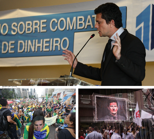 Março de 2016: enquanto o então juiz Sergio Moro rodava o país defendendo o combate à lavagem de dinheiro, sua imagem já dividia as ruas (Fotos: Paulo Lisboa | Folhapress; Danilo Verpa | Folhapress; Marcus Leoni | Folhapress)