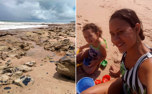 Alice Maria, 3 anos, com a mãe, Nilmara, 23, no dia em que passaram mal após entrar no mar em área oleada (Foto: Acervo pessoal)