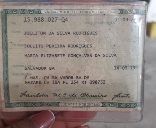 Documento de identidade em nome de Joseilton da Silva Rodrigues (Foto: Cedida)