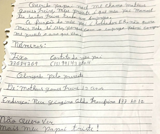 Carta foi escrita no dia 6 de dezembro, mas entregue apenas na última sexta-feira (20) (Foto: Reprodução | Arquivo Pessoal | Carla Camargo Marques e Silva)