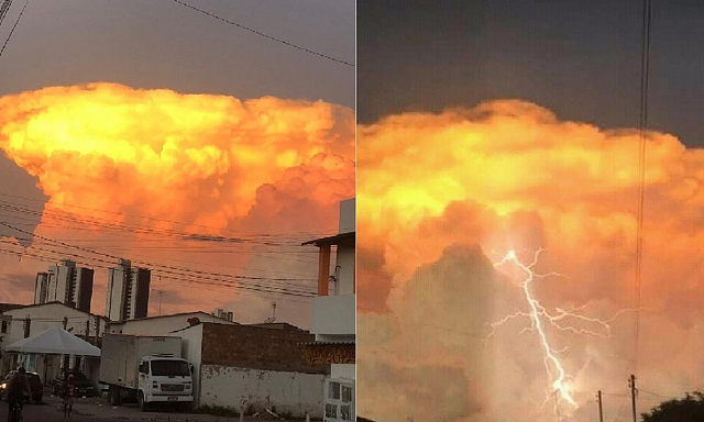 Os raios de sol poente incidiram sobre a nuvem, o que possibilitou um tom alaranjado, e dentro dela era possível ver raios (Foto: Reprodução) Os raios de sol poente incidiram sobre a nuvem, o que possibilitou um tom alaranjado, e dentro dela era possível ver raios (Foto: Reprodução)