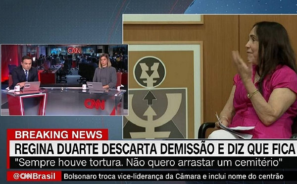 Secretária especial da Cultura, Regina Duarte, durante uma entrevista à CNN Brasil (Foto: Reprodução)