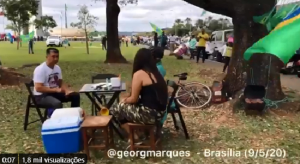 Dezenas de manifestantes de verde e amarelo aglomerados nos jardins próximos à Esplanada, com direito a churrasqueira, mesa e cadeiras (Foto: Reprodução | Twitter George Marques)