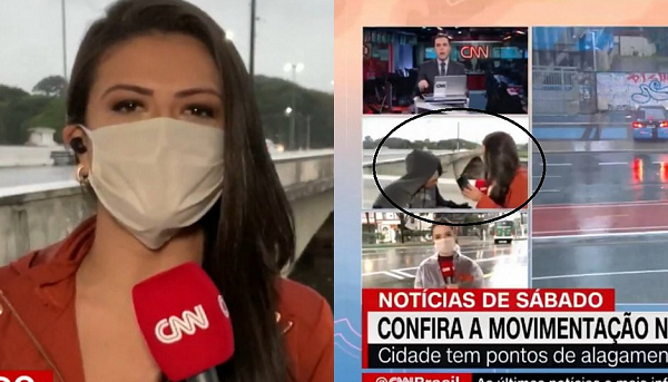Repórter da CNN Brasil, Bruna Macedo, falava sobre as chuvas em São Paulo quando o bandido se aproxima e a aborda (Foto: Reprodução)