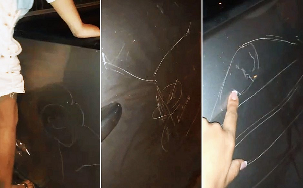 Quase nenhuma parte da pintura da caminhonete do papai foi poupada pela pequena Marina (Foto: Reprodução)
