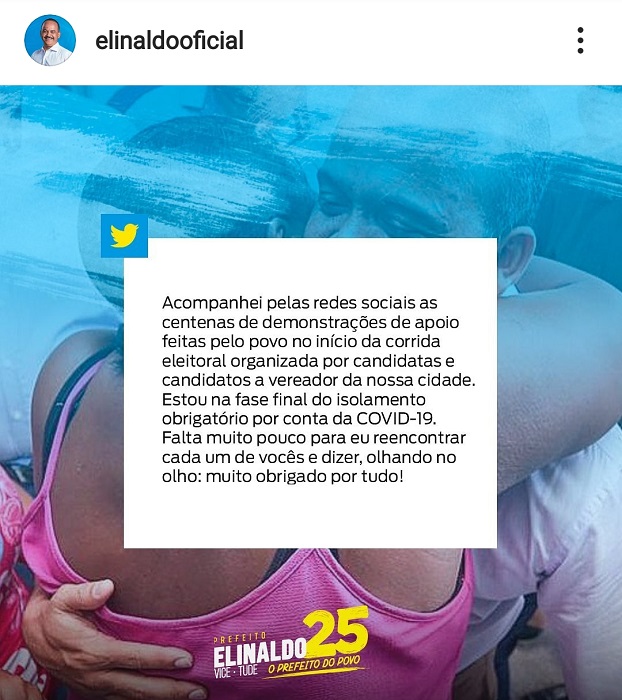 Mensagem publicada nas redes sociais do prefeito - Reprodução