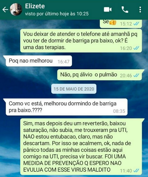 Últimas mensagens de Terezinha (nos balões verdes) enviadas à irmã, antes de ser intubada, em meados de maio (Foto: Reprodução)