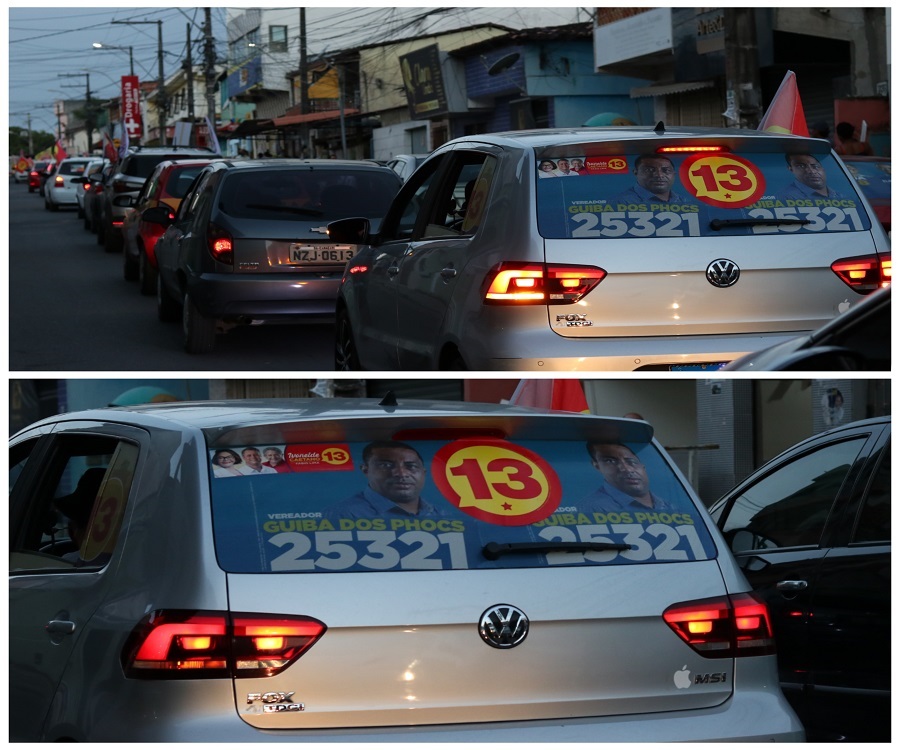 O clima de virada foi sentindo durante a carreata e atestado com a participação de apoiadores de candidatos a vereadores da chapa governista, com o 13 onde deveria ter a foto de Elinaldo - Foto: Reprodução
