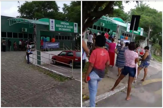 Longa fila é formada na tentativa de marcar exames e consultas na Unidade Básica de Saúde (UBS) do bairro Gravatá (Foto: Montagem | CFF)