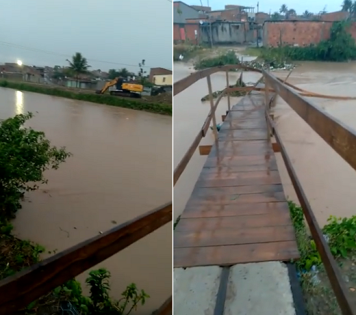 Ponte improvisada de madeira é arrastada pela força da água do canal durante chuva (Foto: Montagem | Redação CFF)