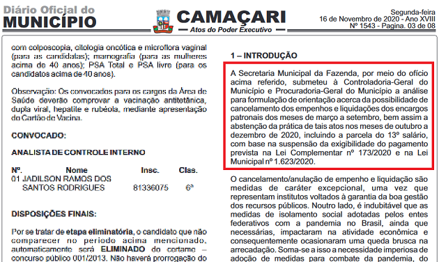 Trecho do Diário Oficial que causou preocupação na população, em especial os menos esclarecidos do ponto de vista das leis que regem a administração pública (Foto: Print | Redação CFF)