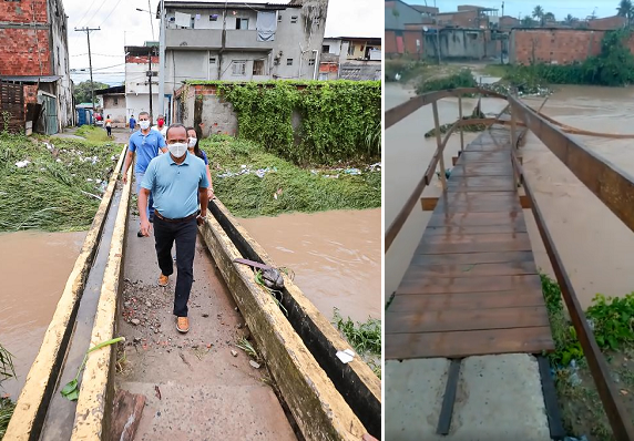 Prefeito Elinaldo Araújo (DEM), reeleito no último domingo (15), atravessando o Rio Camaçari pela ponte feita pelo ex-prefeito Luiz Caetano (PT), tendo ao lado os destroços da ponte feita por sua gestão sobre o mesmo rio (Foto: Montagem | Redação CFF)