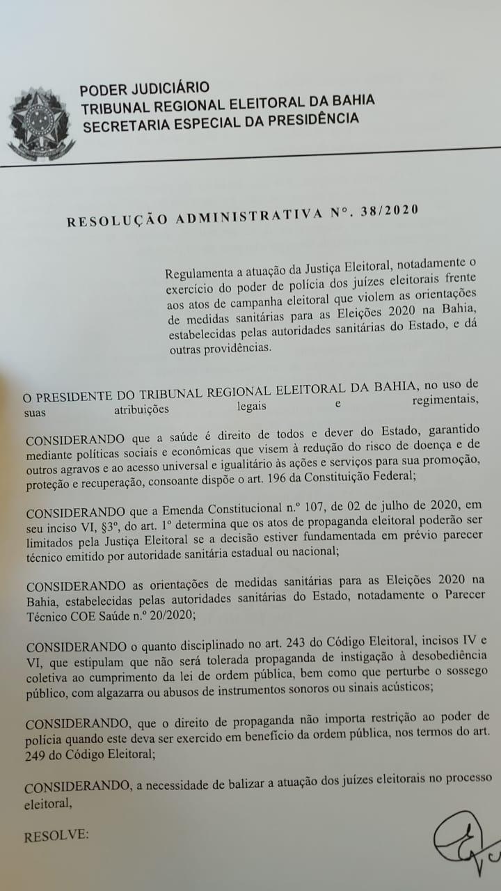 Imagem da Resolução 38-2020, do TRE-Ba, da tarde desta terçã-feira, válida para todo o Estado da Bahia - Reprodução